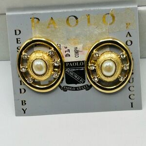 Vintage Paolo Gucci Faux Pearl Rhinestone Clip Earrings Original Card